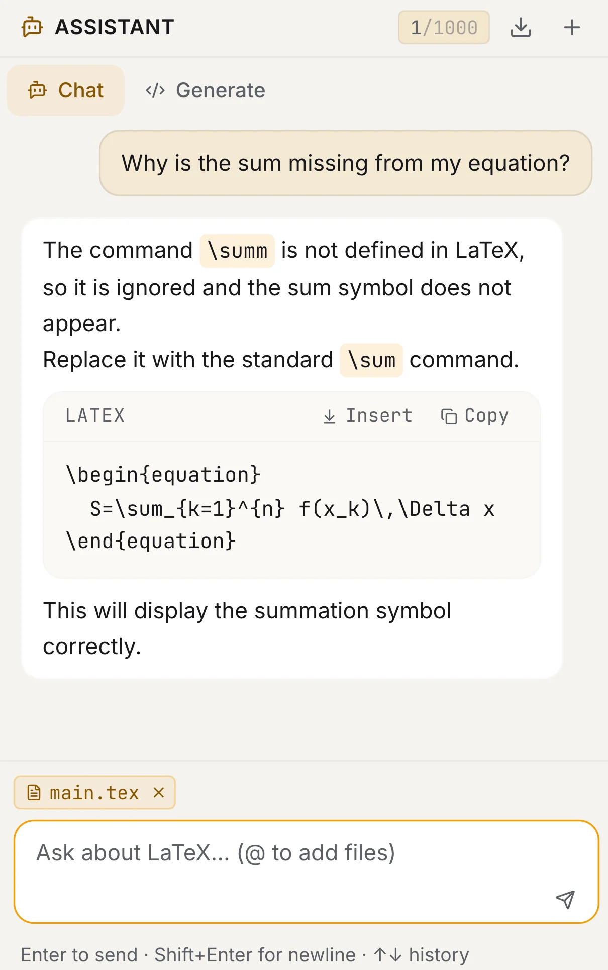 The assistant panel in the editor: the question "Why is the sum missing from my equation?" and a reply that names \summ as the cause and offers \sum, with Insert and Copy buttons.