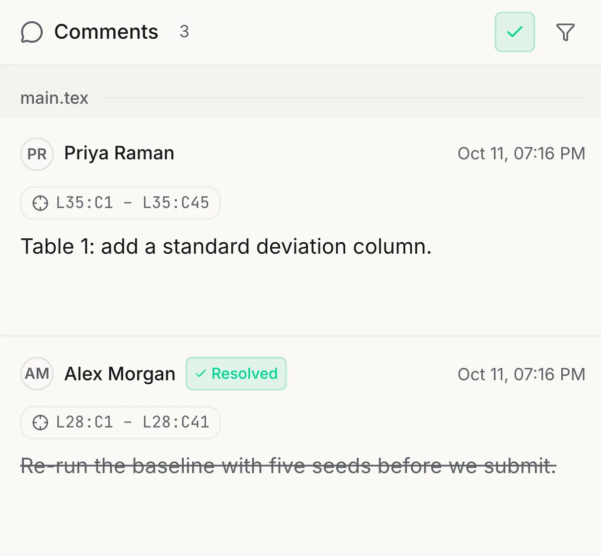 The comments panel with two comments from two co-authors, each anchored to a line of main.tex, one of them resolved.