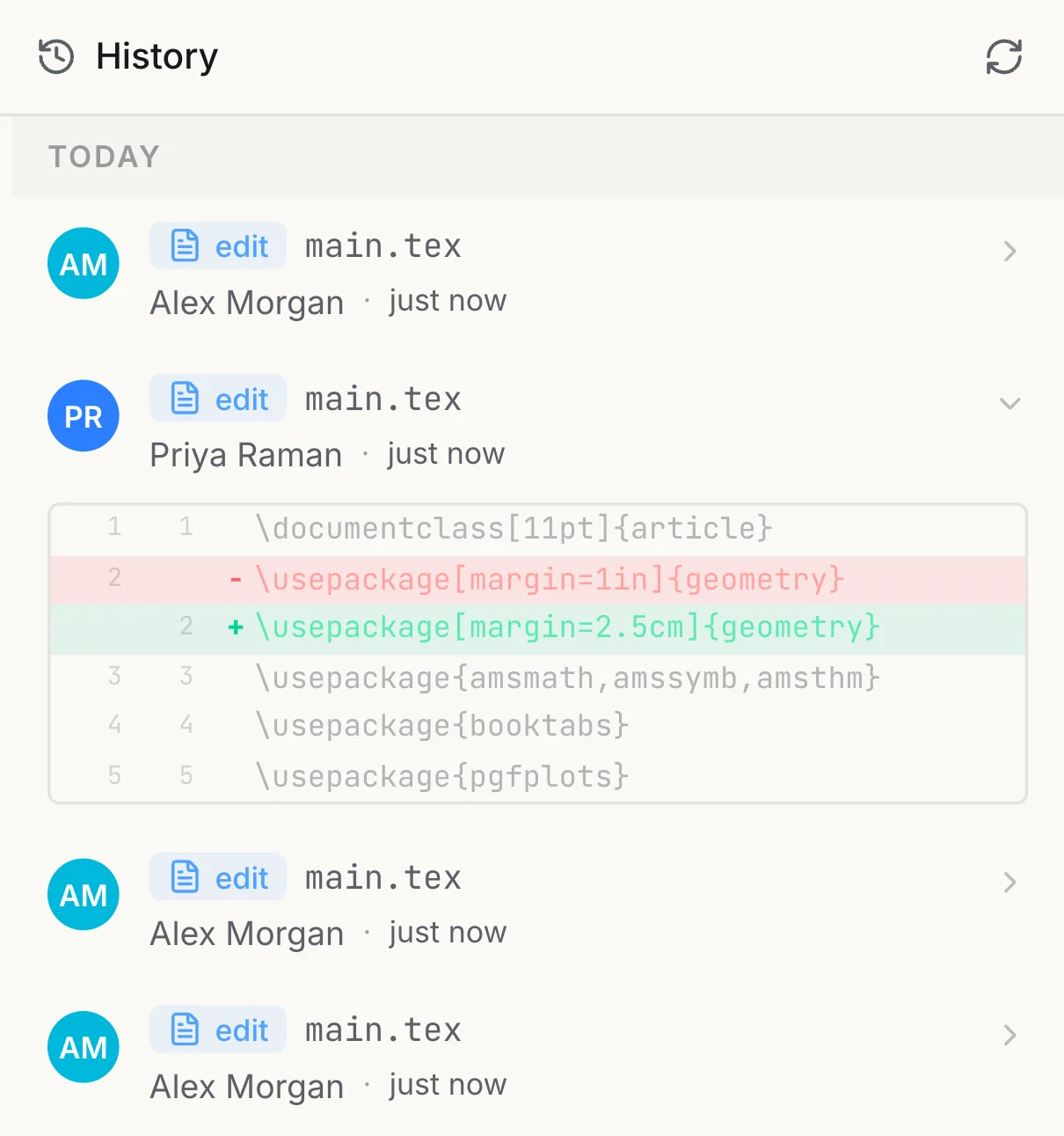 The file history panel: edits to main.tex by two co-authors, with one entry open to show the line that changed, a page margin from 1in to 2.5cm.