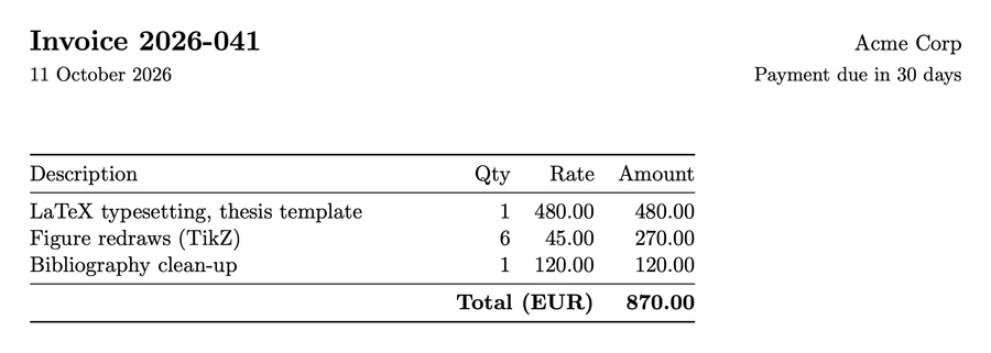 The invoice page the call returned: three line items and a total.