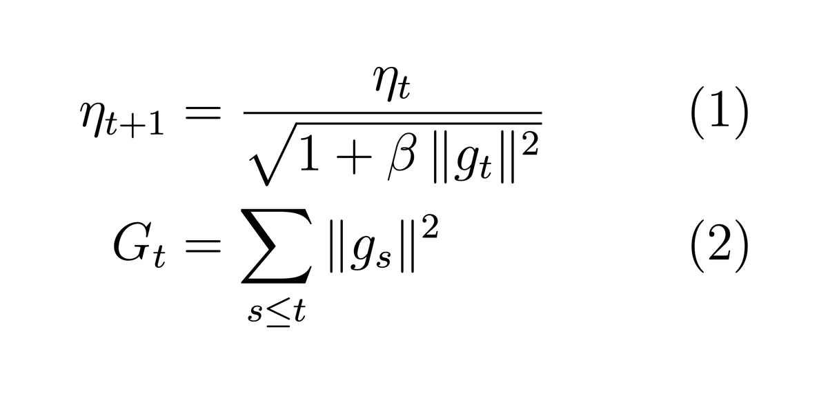 The page the markup compiled to: two equations set one above the other, aligned on the equals sign and numbered (1) and (2).