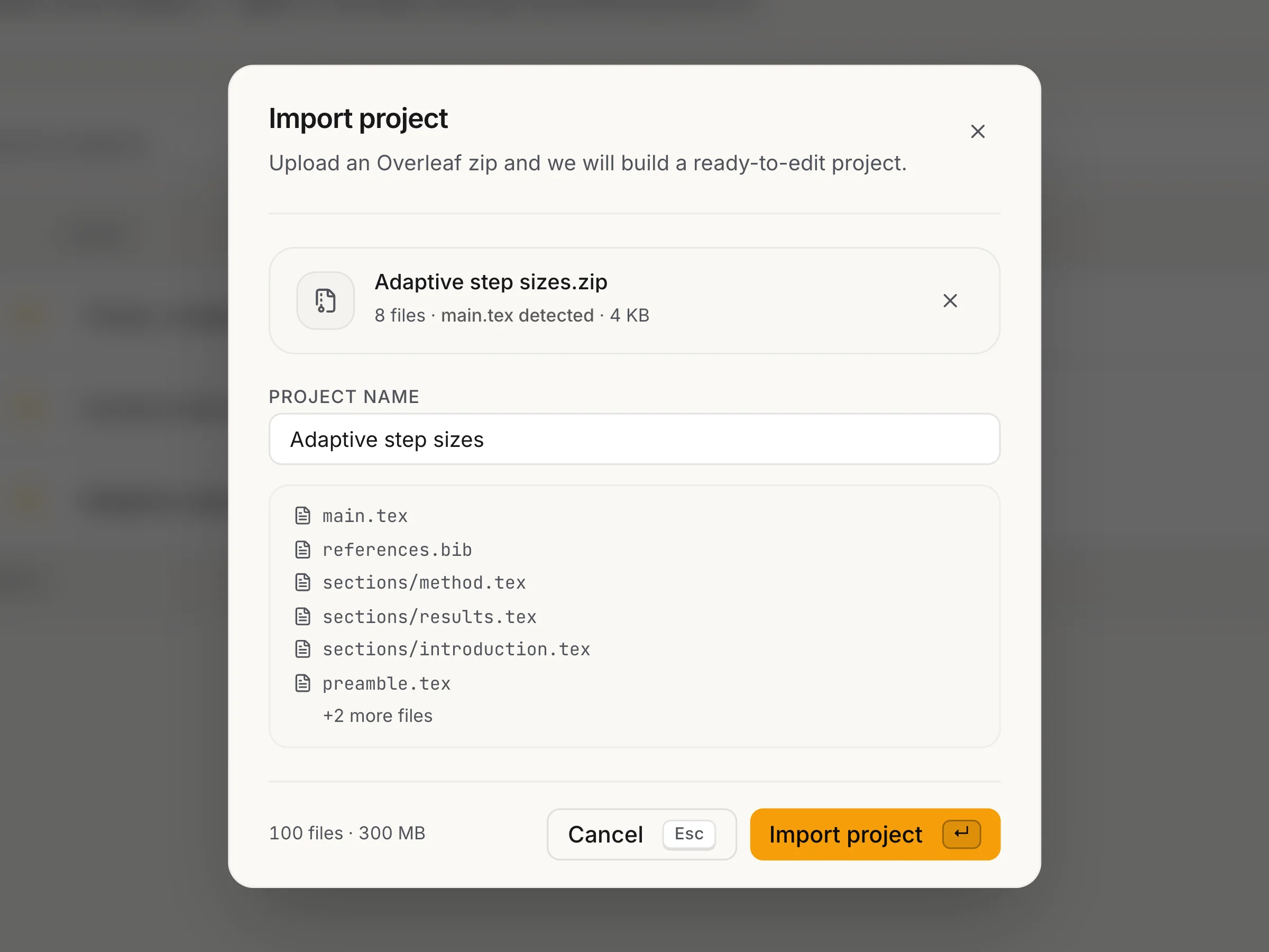 The import dialog with an Overleaf zip chosen: its files listed, main.tex detected, and the project name ready to confirm.