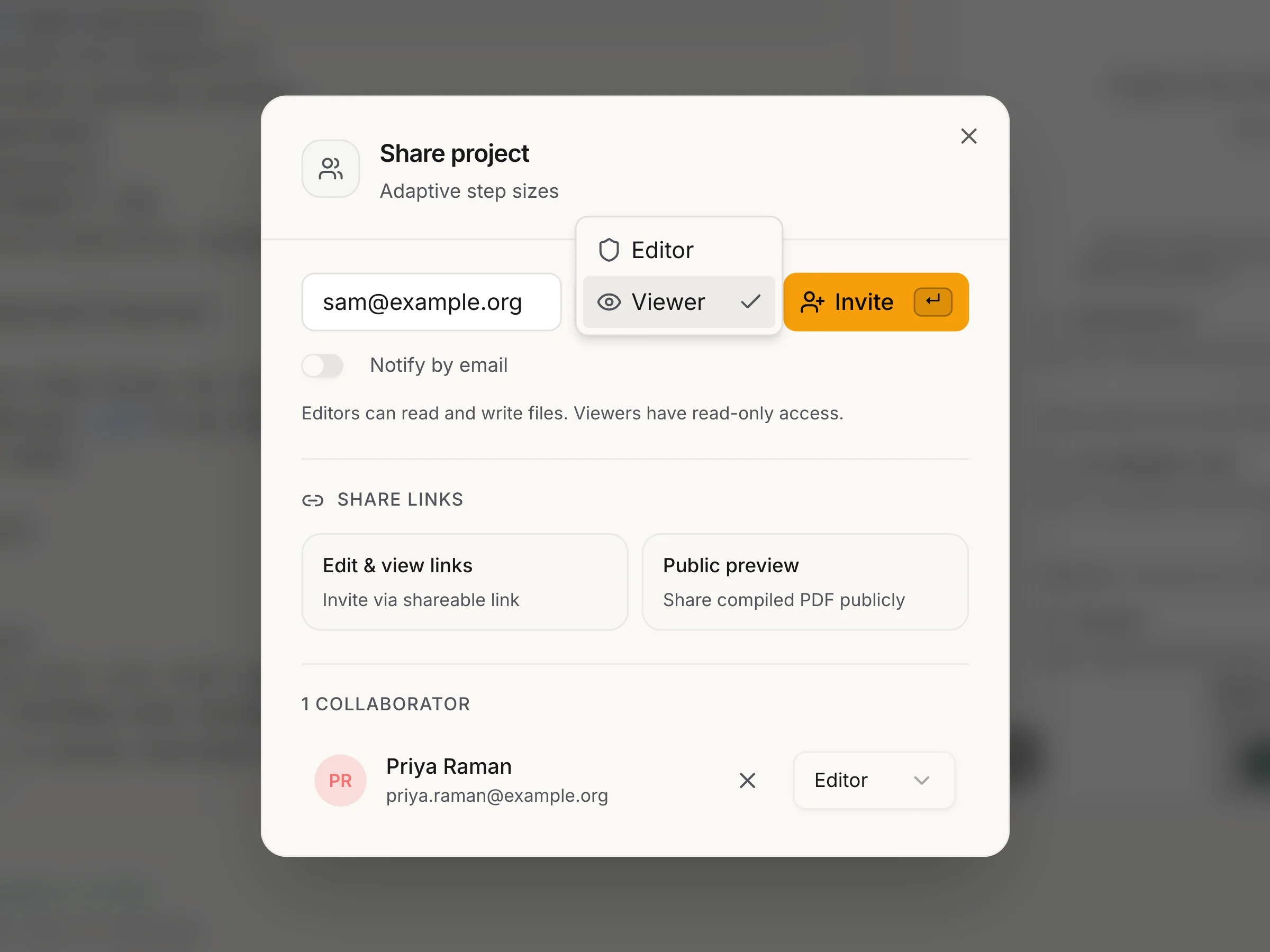 The share dialog: an email field, the Editor and Viewer role list, share links, and a collaborator already added as an editor.