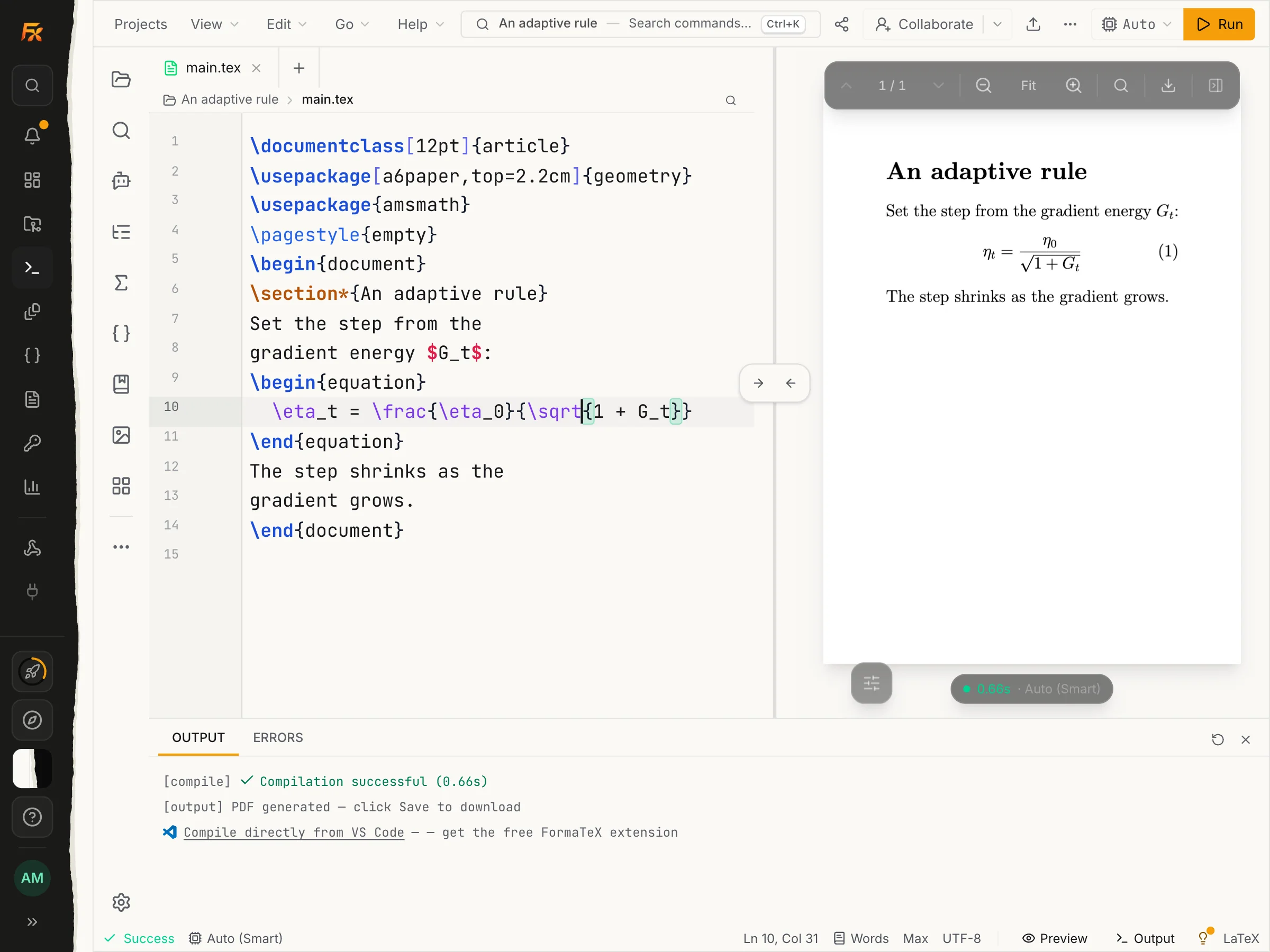 The editor with a short LaTeX file on the left and its compiled page on the right.