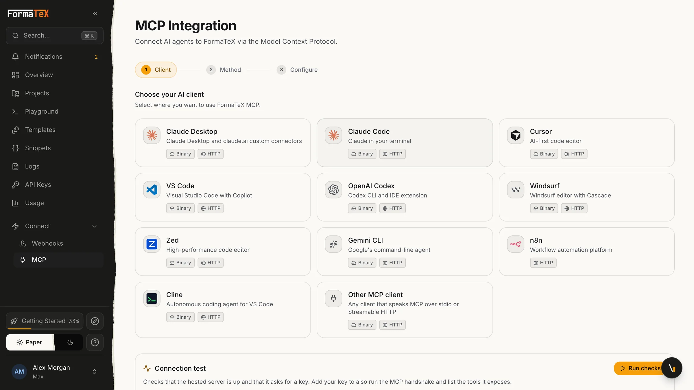 The MCP integration page listing the AI clients FormaTeX connects to