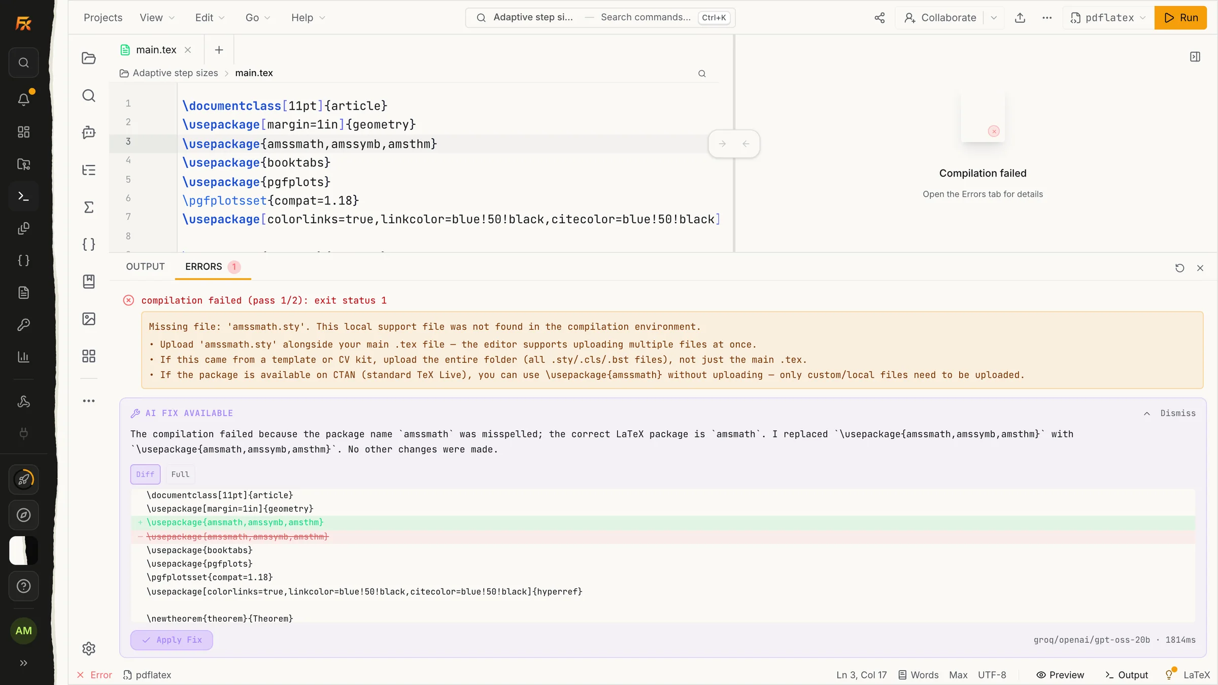 A failed compile with the cause explained and an AI fix shown as a diff, ready to apply
