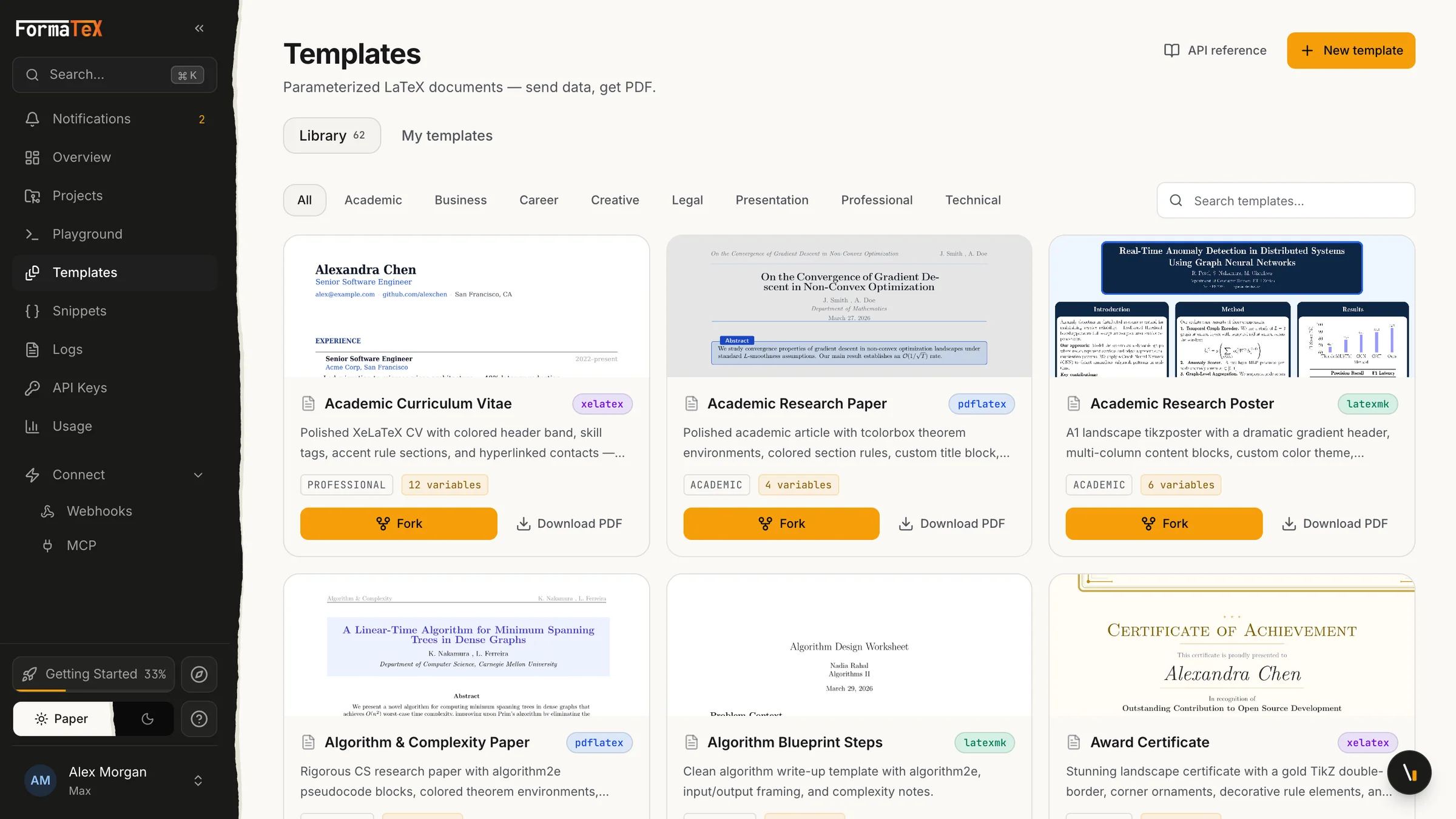 The template library with category filters and a grid of template previews