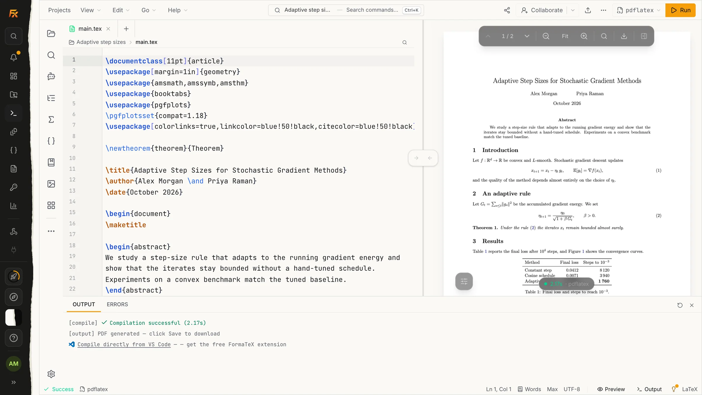 The FormaTeX editor with the LaTeX source of a paper beside its compiled PDF